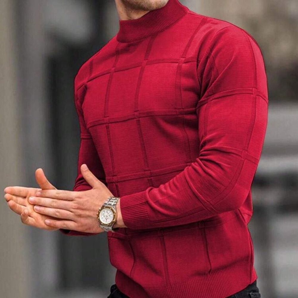 Men's Fashionable Plaid Jacquard Knit Half Turtleneck Sweater